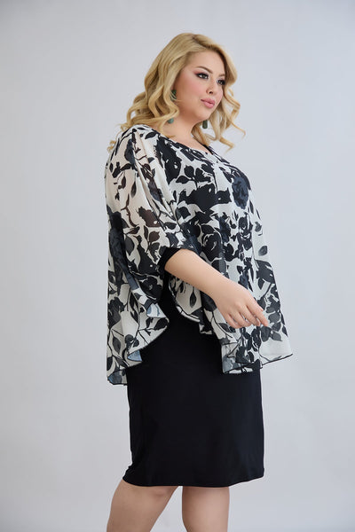 Rochie marime mare din sifon cu accent pe umeri - flori