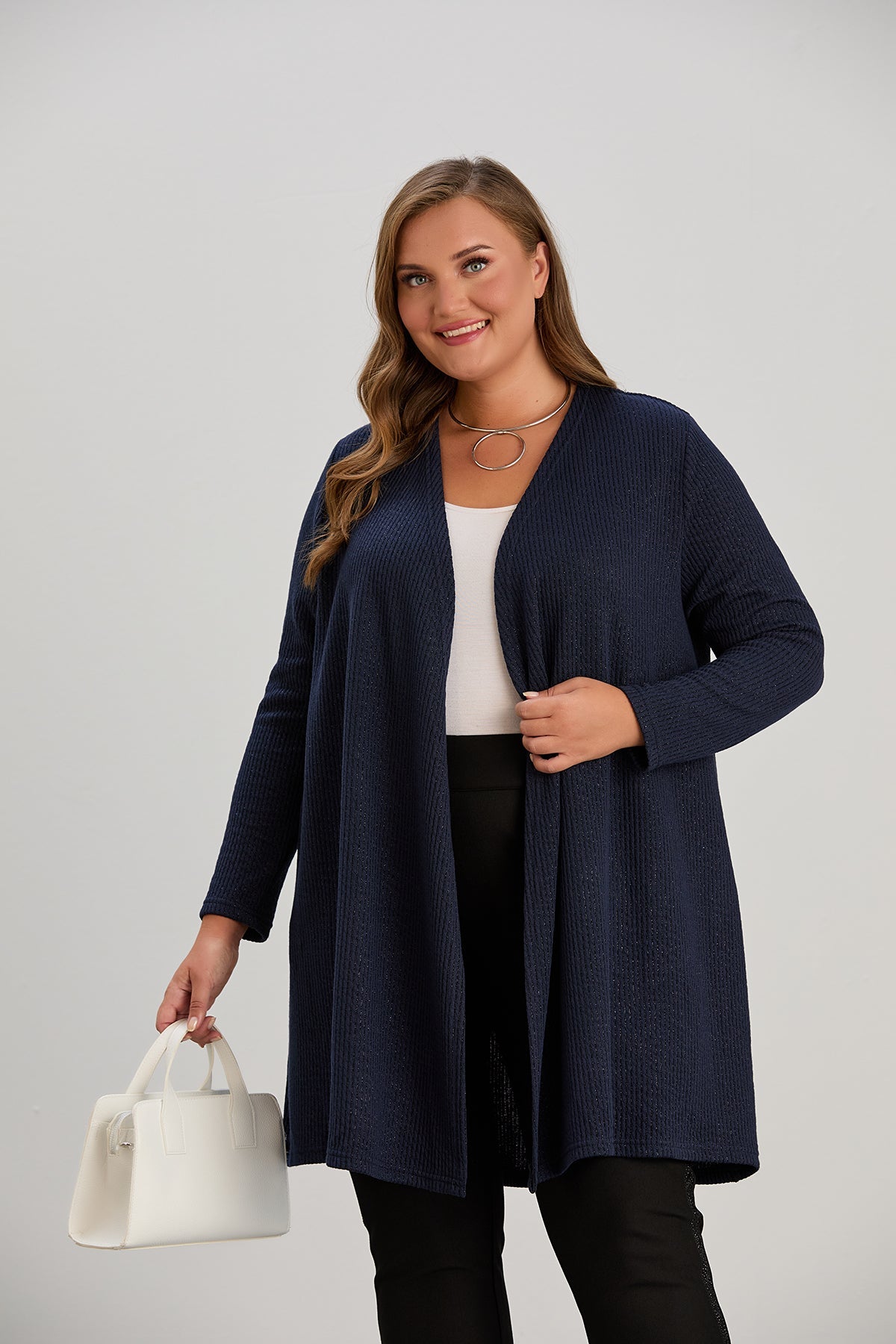 Cardigan marime mare cu lame discrete - albastru inchis