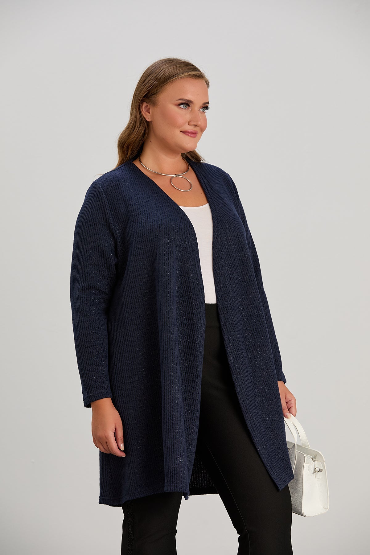 Cardigan marime mare cu lame discrete - albastru inchis