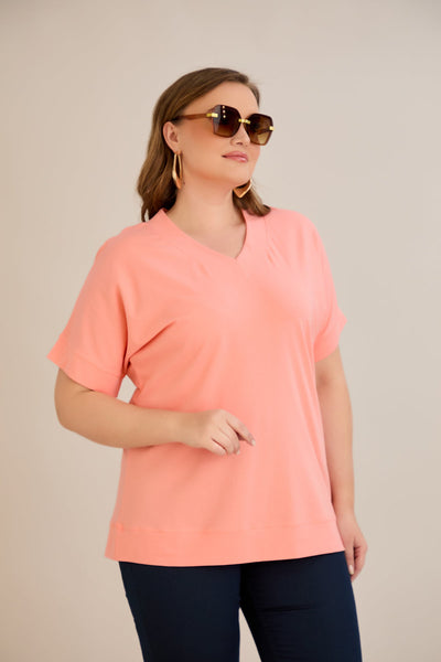Tricou marime mare din bumbac cu decolteu in V - piersica