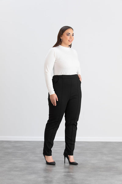 Pantalon gros marime mare cu tiv si buzunare in fata - negru