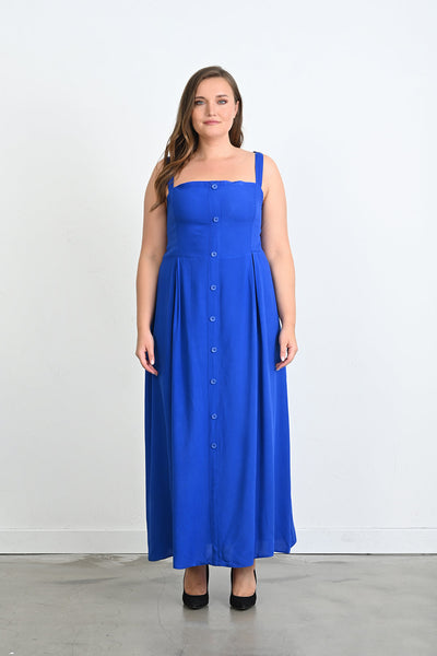 Rochie marime mare lunga din viscoza cu nasturi decorativi - albastru turcesc