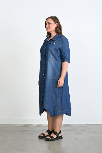 Rochie marime mare din denim cu croiala asimetrica