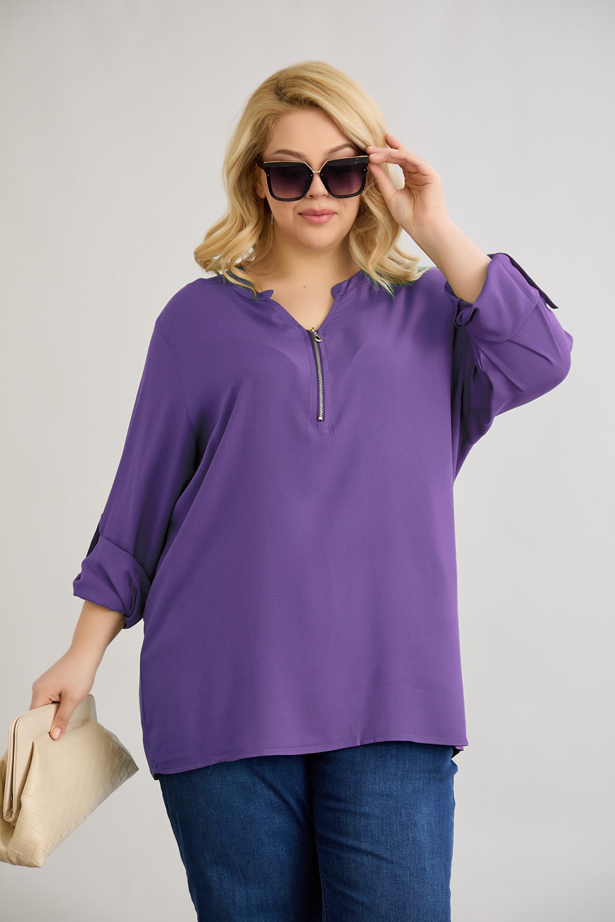 Bluza marime mare din viscoza cu fermoar la decolteu - liliac