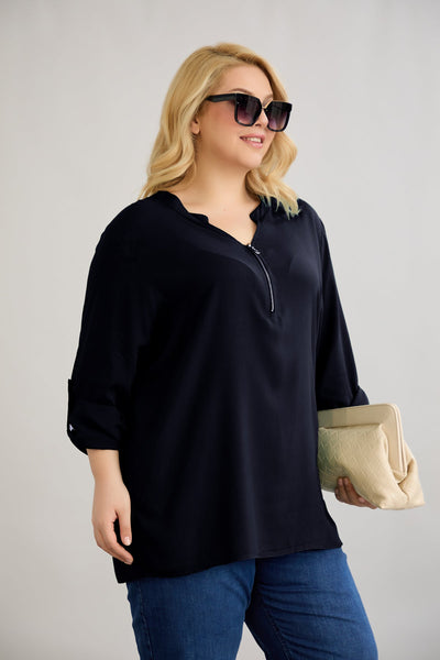Bluza marime mare din viscoza cu fermoar la decolteu - negru