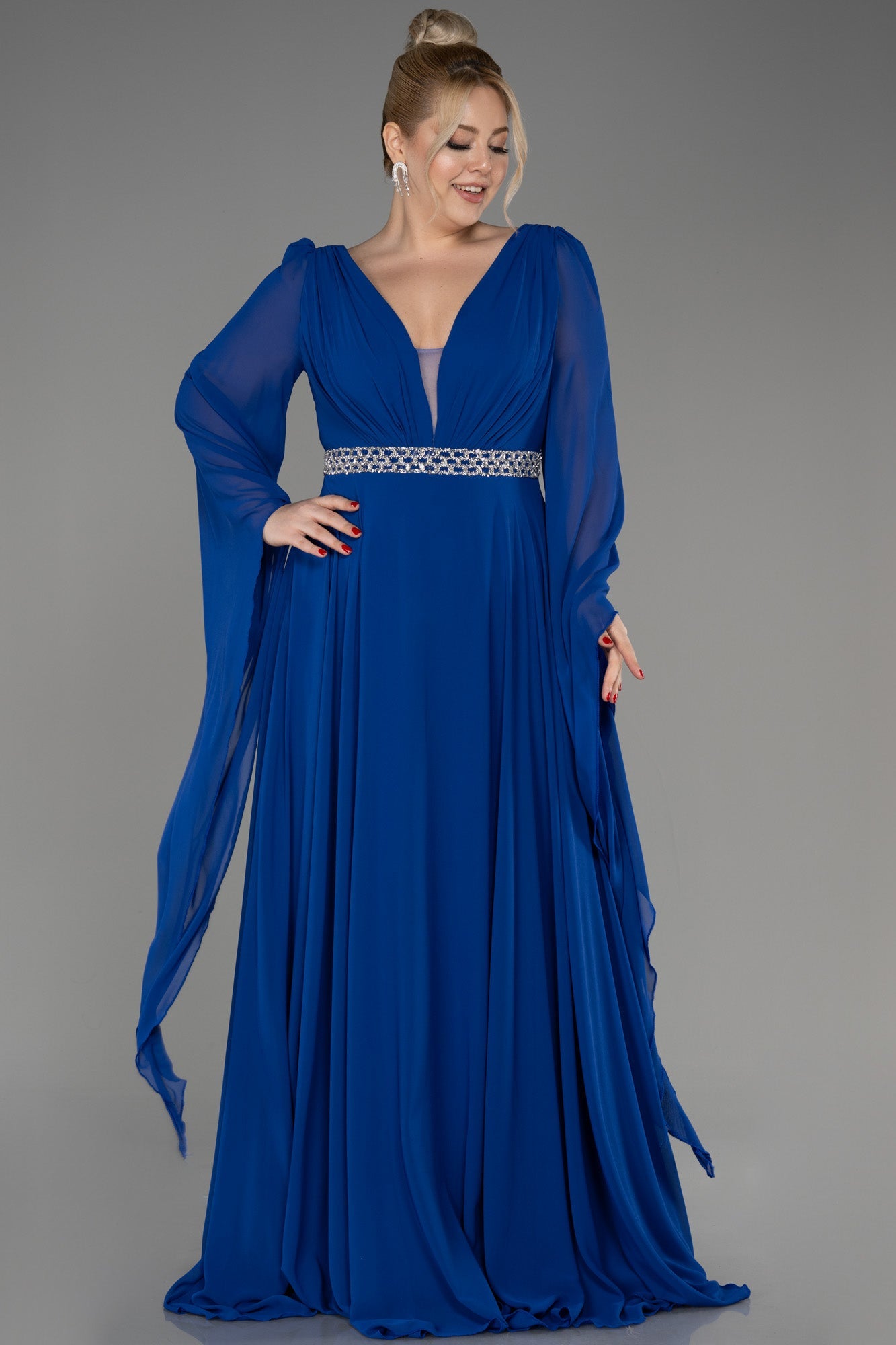 Rochie de ocazie marime mare lunga din sifon cu pietricele - turcoaz N3543